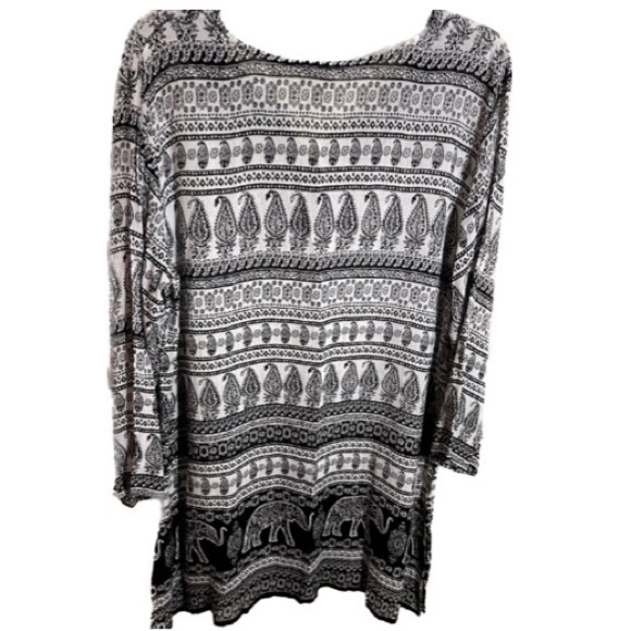 CUTE OPTIONS Black & White Elephant Paisley Boho Print Slit Neck Dress Size M - Picture 2 of 5